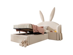 Lit enfant rembourré 90x190 cm avec tête de lit oreilles de lapin, lit coffre hydraulique et table de chevet, velours, beige (sans matelas)