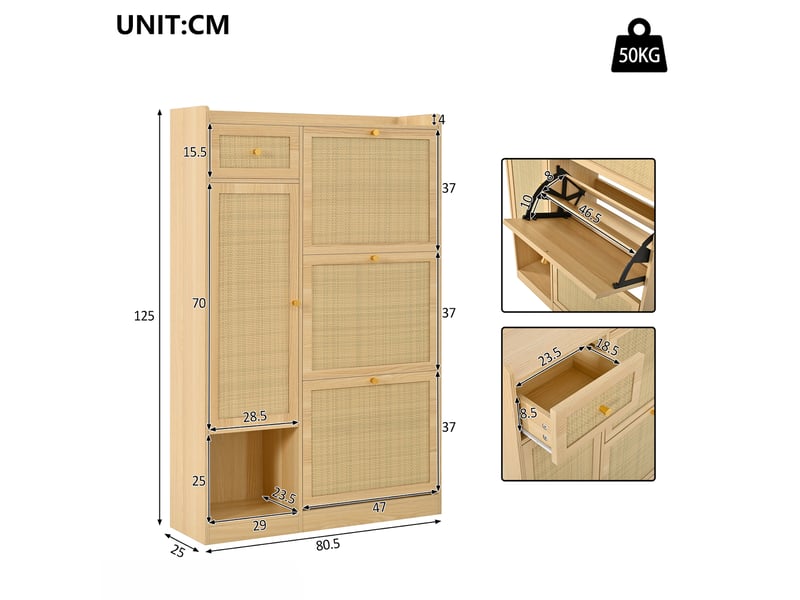  Meuble à chaussures,80,5x25x125 cm,3 abattants, tiroir et porte,mdf,naturel  - Conforama B
