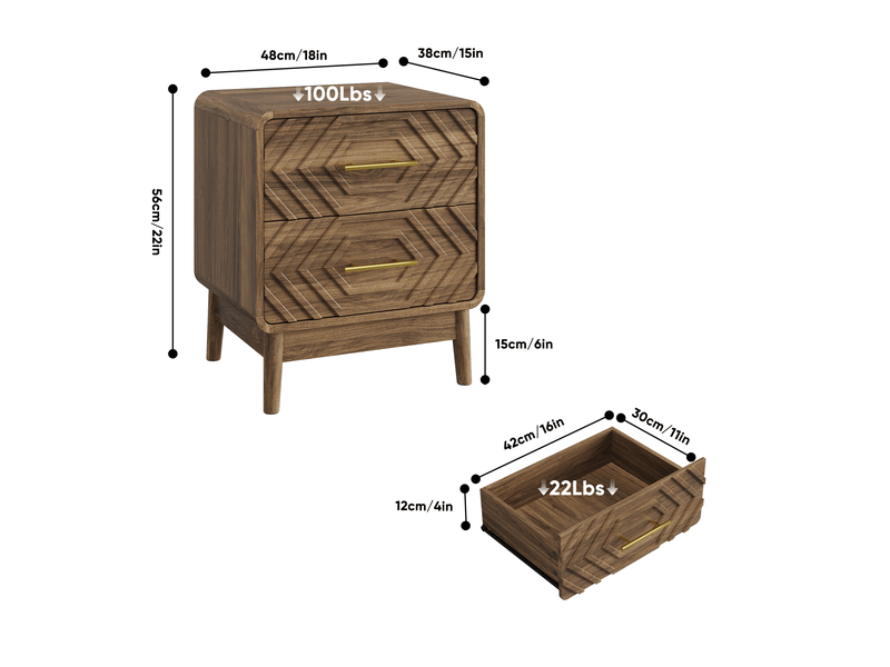  Table de chevet 48x38x56 cm avec 2 tiroirs, façades géométriques, en mdf couleur marron, design simple  - Conforama C