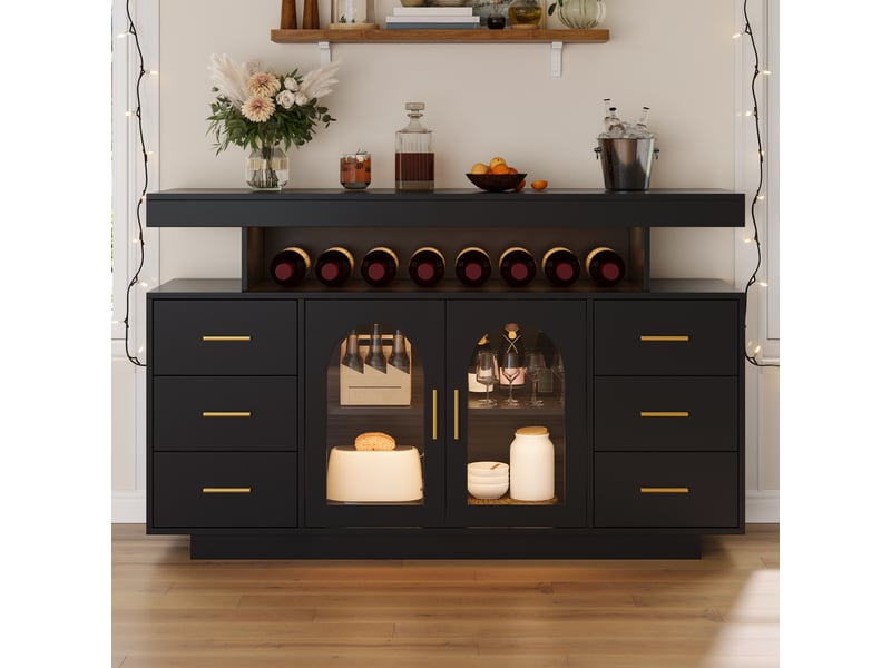  Buffet bar 140x40x82 cm noir en mdf, led, 6 tiroirs, 2 portes vitrées et rangement pour verres  - Conforama E