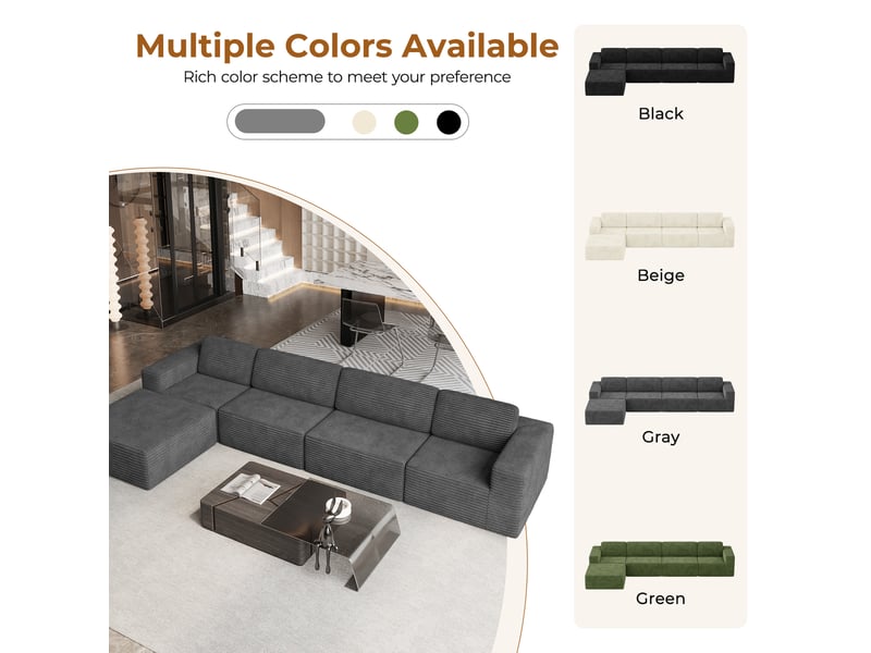  Canapé d'angle 4 places modulaire en velours côtelé avec 1 pouf,canapé compressé,sans assemblage,404x202x82cm,gris 404x202x82CM - Conforama W