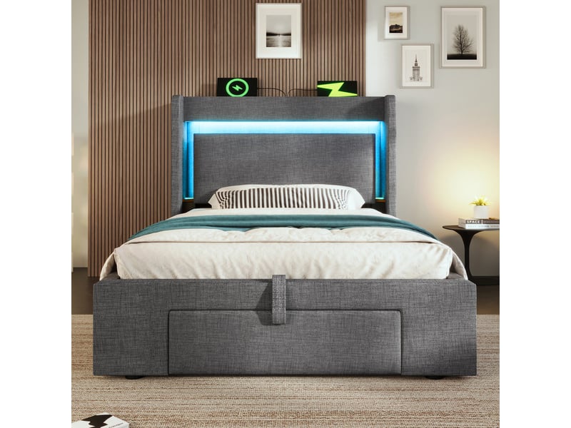  Lit coffre 90x200 cm, rangement hydraulique, tiroirs, tête de lit avec rangement, éclairage led, usb et usb-c pour chambre - gris  - Conforama E