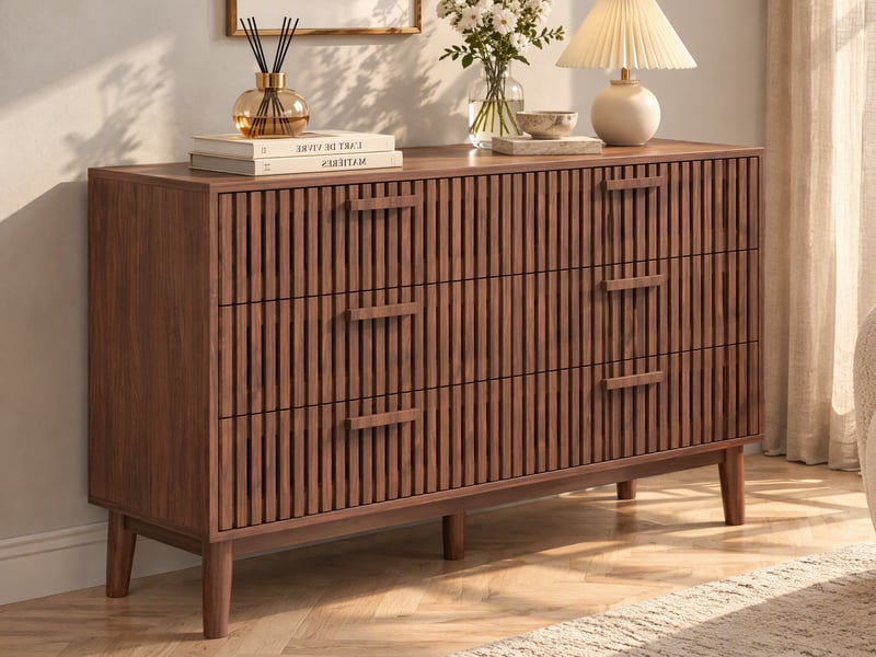  Commode 6 tiroirs en bois à panneaux à lames, commode basse de rangement - style scandinave et luxe, meuble à tiroirs pour chambre adulte, dressing et bureau, finition chêne ou noyer  - Conforama B