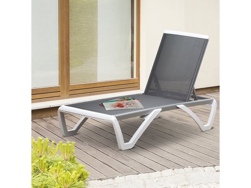  Transat avec dossier inclinable et roulettes arrière, 195 x 67,5 x 33 cm, gris et blanc  - Conforama B