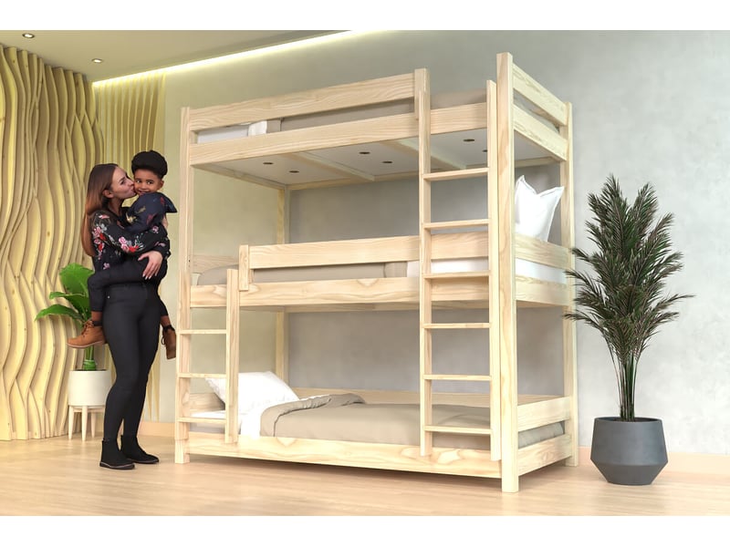 Lit superposé 3 places 80x200 en bois massif abc, vernis naturel TRI382-V - Conforama B