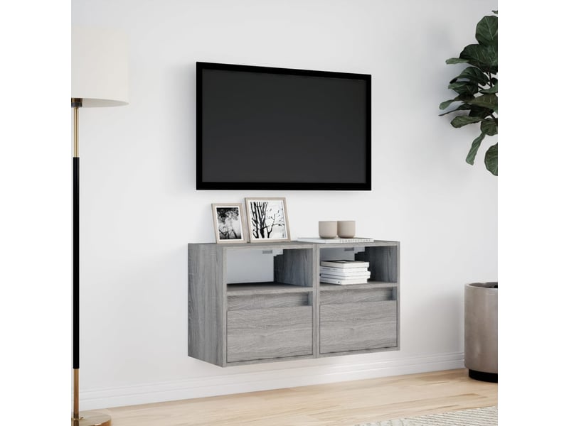 Lot de 2 meuble tv mural avec lumières led sonoma gris 41x31x45 cm - Conforama D