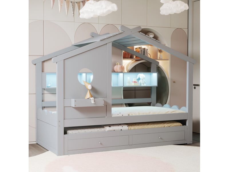  Lit gigogne cabane 90×200 cm avec tiroir de rangement, éclairage led et ports usb et type c, en bois gris  - Conforama E