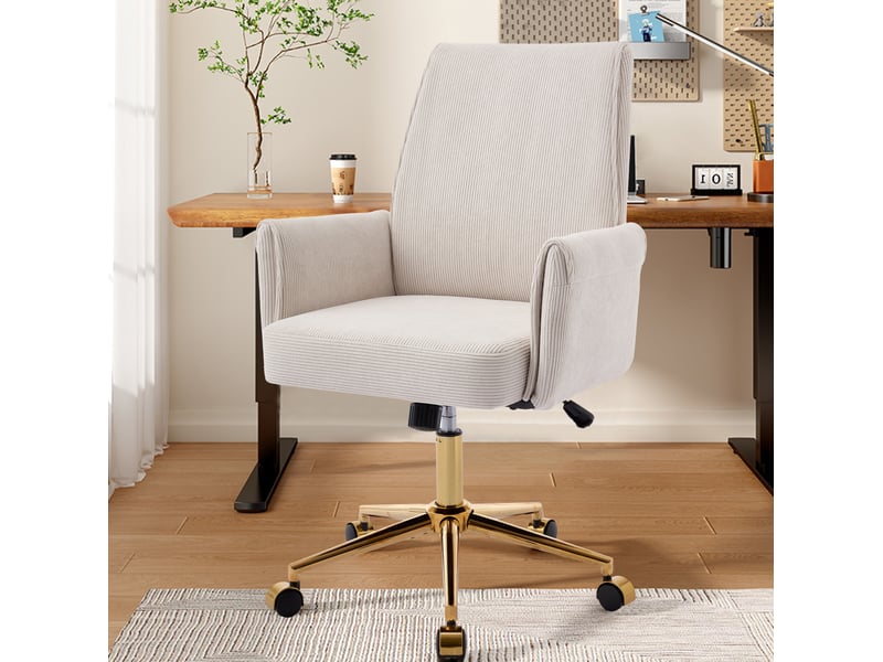  Fauteuil de bureau réglable en hauteur blanc en velours côtelé, dossier ergonomique et base dorée à roulettes  - Conforama E