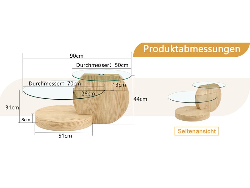 Table basse à deux niveaux avec plateaux en verre de sécurité et rangements en mdf effet bois clair 90 × 70 × 44 cm - Conforama C