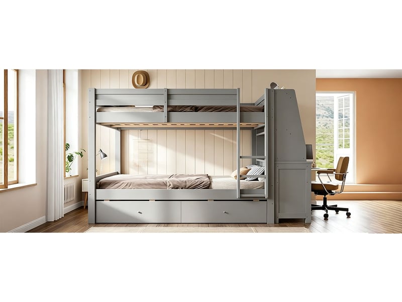  Lit superposé 140 x 200 cm armoire latérale intégrée position réversible gauche ou droite bureau intégré compartiment de rangement tiroirs intégrés rangement supplémentaire coloris gris  - Conforama C