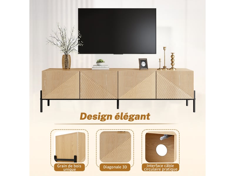  Meuble tv bois naturel 4 portes design géométrique 163cm  - Conforama D