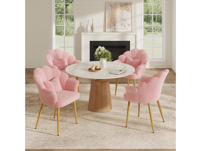  Lot de 4 fauteuils de salle à manger avec dossier pétale, accoudoirs, coussin nœud et pieds en métal doré, tissu bouclette teddy, rose evarich - Conforama B