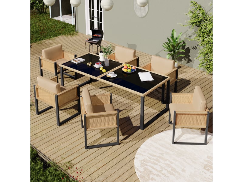  Ensemble salon de jardin 6 places en résine tressée beige – coussins déhoussables et lavables  - Conforama D