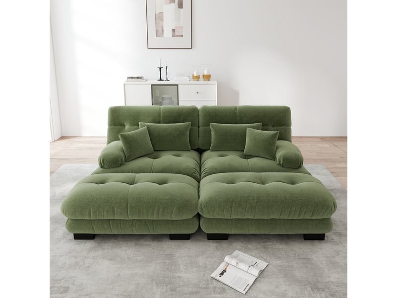  Canapé d'angle modulaire avec assise profonde, coussins lombaires et ottomans, en chenille verte  - Conforama C