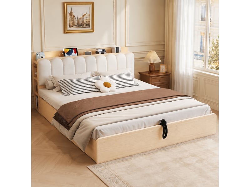  Lit coffre 180x200 cm, lit double, rangement hydraulique, étagères, port usb, tête de lit rembourrée, bois naturel, veilleuse  - Conforama R