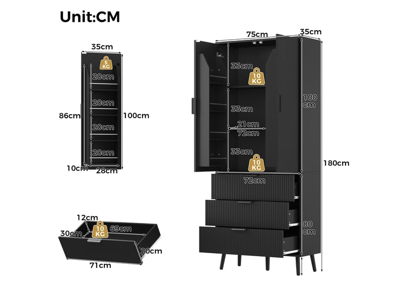 Armoire de rangement 2 portes 3 tiroirs mdf noir 75x35x180 cm - Conforama C
