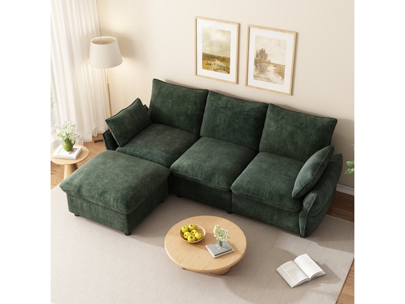  Canapé d'angle vert foncé 3 places avec pouf - chenille 222,5 cm - modulable en l  - Conforama W