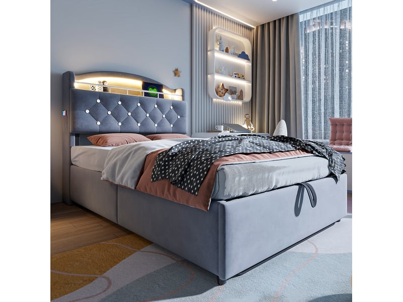  Lit enfant 90 x 200 cm avec rangement, led, usb et tête de lit rembourrée gris  - Conforama D