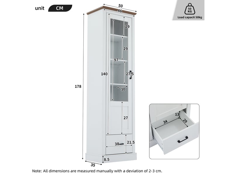  Vitrine led à 5 compartiments blanche 50 x 35 x 178 cm, verre trempé et tiroir avec alimentation usb intégrée  - Conforama C