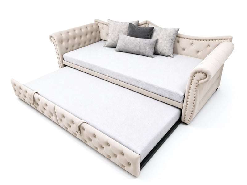  Banquette-lit 90 x 200 cm convertible 2-en-1, port usb, éclairage led latéral et détails cloutés, gain de place, velours, beige  - Conforama A
