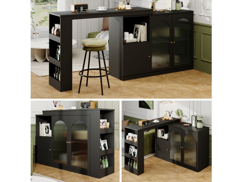  Meuble bar pivotant à 360° noir 120 x 40 cm avec rangements et portes en verre  - Conforama D
