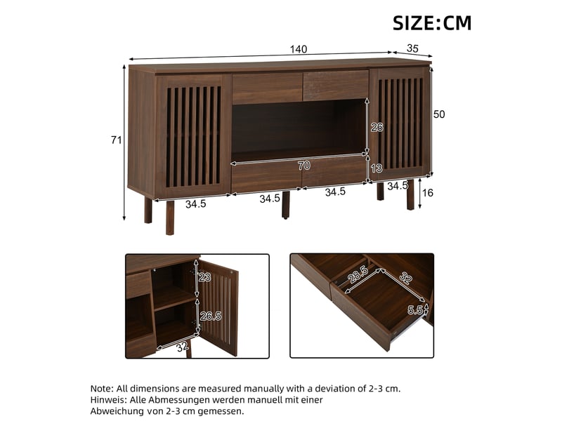  Buffet bas 140x35x71 cm avec  4 tiroirs et 2 portes à lamelles en mdf, pieds en bois, couleur marron, design simple  - Conforama C