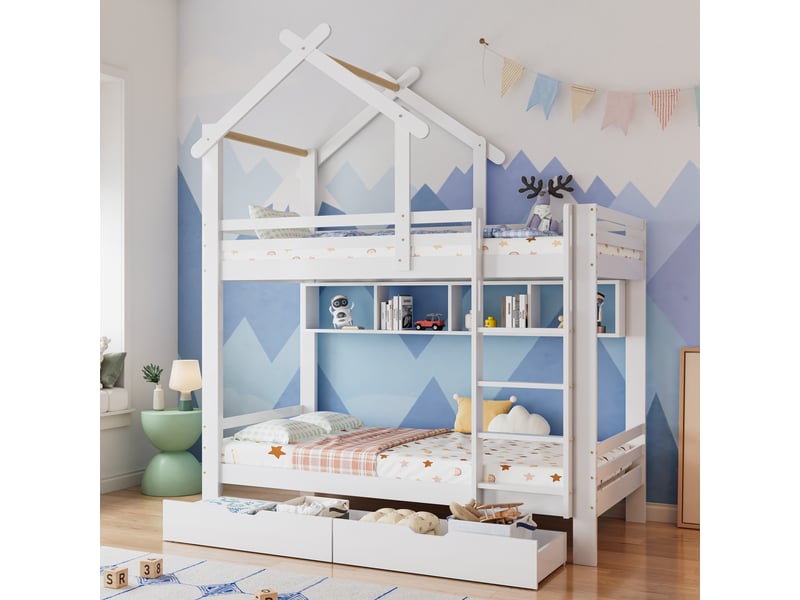 Lit superposé en bois massif et mdf blanc 90x200 cm - Conforama B