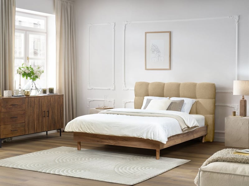  Bobochic lit kumo tissu lisse lattes massives pieds en bois naturel beige 140x190 KUMO - Conforama C