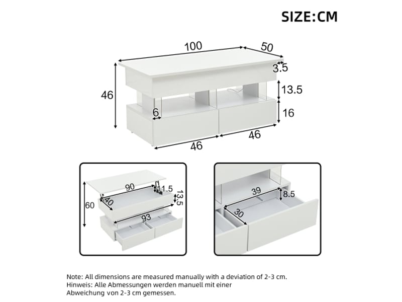  Table basse relevable blanche 100x50x46 cm – plateau réglable, rangement caché, led, 2 tiroirs, mdfacrylique  - Conforama C