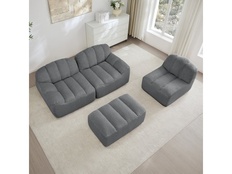  Canapé modulable 3 places en l avec pouf, tissu bouclette gris  - Conforama B