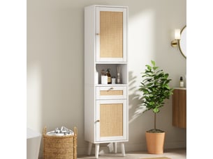 Armoire de salle de bains haute blanche en mdf, portes réversibles, tiroir et rangement vertical pratique