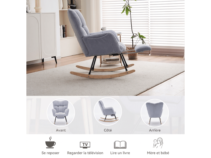 Fauteuil à bascule en tissu teddy gris avec repose-pieds extensible, chaise berçante relax moderne pour salon chambre - Conforama E