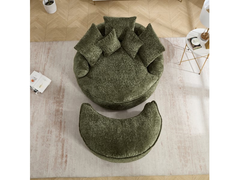 Fauteuil rond surdimensionné 138x190.5x63 cm, dossier large, coussins inclus, mousse dense, polyester, vert olive  - Conforama D