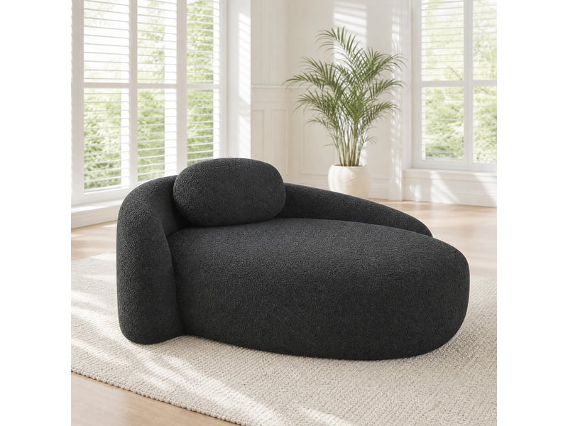  Canapé droit 1 place en tissu bouclette noir, design arrondi avec coussin, idéal pour salon et studio  - Conforama B