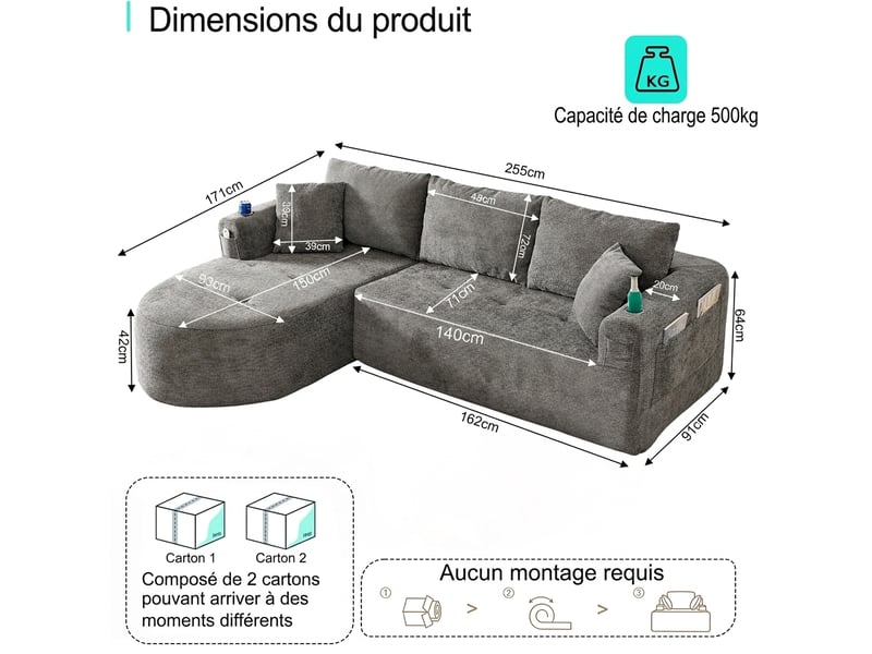  Canapé d'angle en l sans montage 255 x 170 cm 3 places avec porte-gobelet inox et rangements  - Conforama C