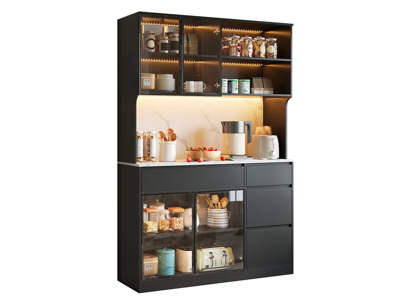 Armoire de cuisine Buffet haut vitrine moderne noir et blanc avec led effet marbre meuble de rangement salon salle à manger mdf - Conforama A