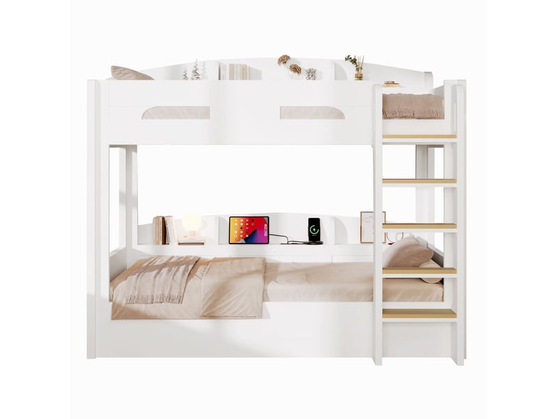  Lit superposé avec couchage d'appoint et port usb, rangements en haut et en bas, en bois massif et mdf, blanc  - Conforama A