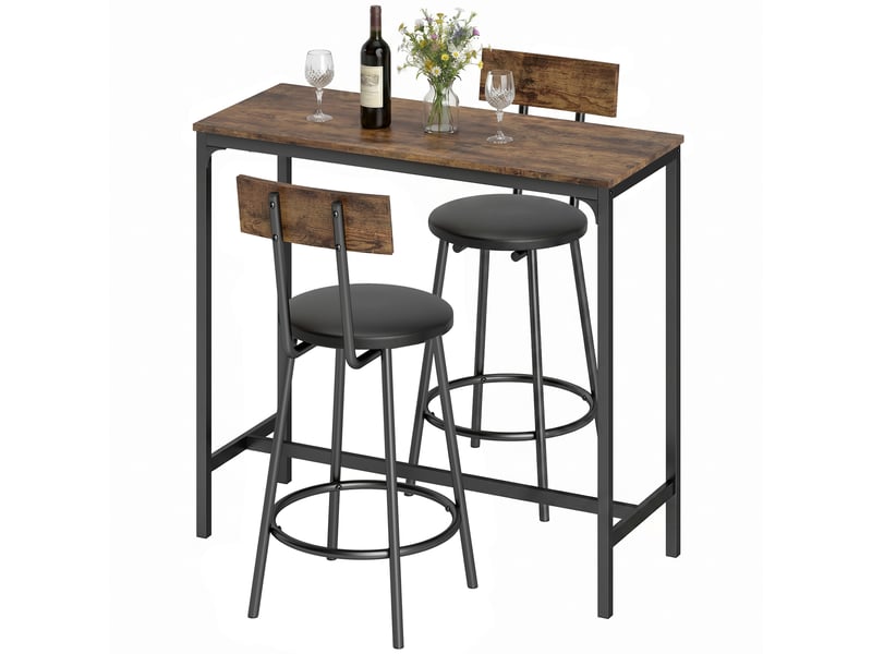  Ensemble table de bar avec 2 tabourets, table haute de cuisine et 2 chaises de bar rembourrées pu, repose-pieds, marron  - Conforama B