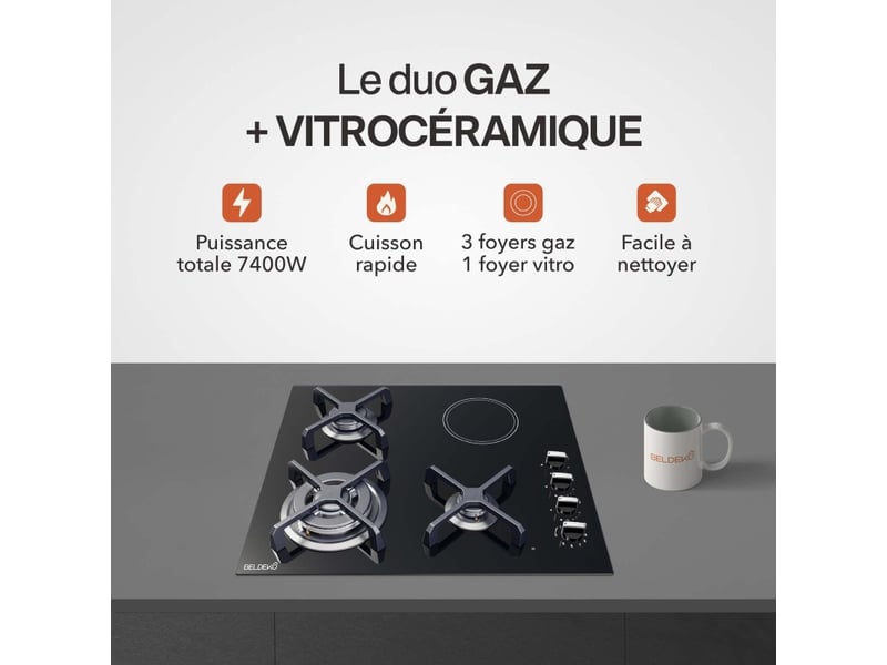 Plaque de cuisson mixte 3 gaz et 1 vitrocéramique double couronne 7400 w manettes - Conforama B