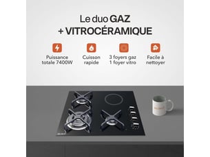 Beldeko plaque mixte 3 gaz + 1 vitrocéramique 7400w - marque française