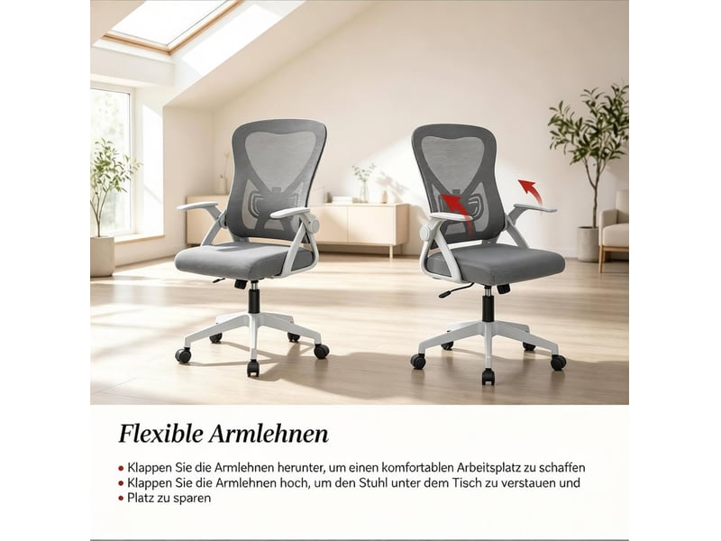  Chaise de bureau ergonomique pivotante avec dossier inclinable et accoudoirs rabattables en maille grise  - Conforama D