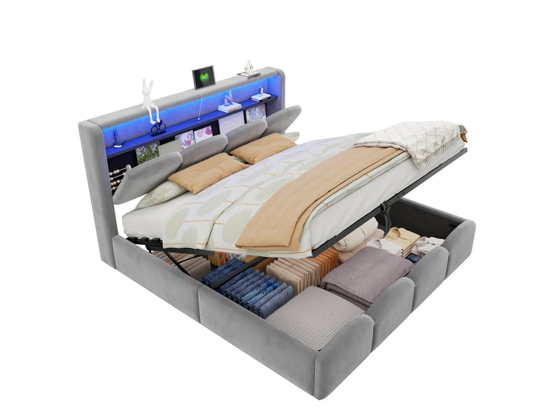  Lit rembourré 140*200, couchage hydraulique et rangements, ports usb et type-c, led, velours gris, design floral  - Conforama A