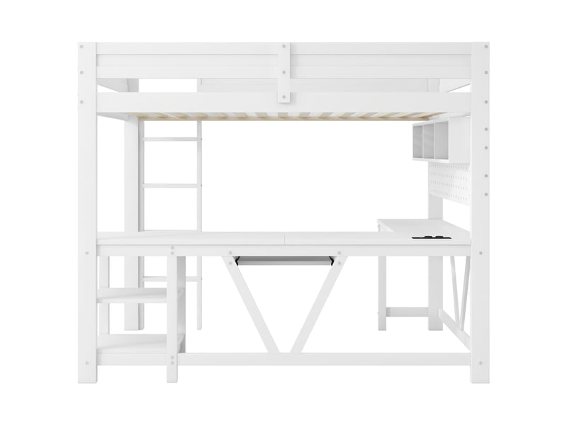 Lit mezzanine 90 × 200 cm 1 place avec bureau, étagères, led réglable et usb, sans matelas, en bois, blanc - Conforama E