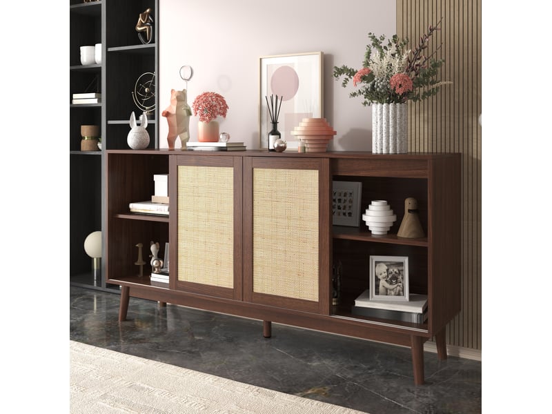 Buffet 3 portes coulissantes en rotin et 2 tiroirs – bois foncé – 155 x 38 x 80 cm - Conforama C