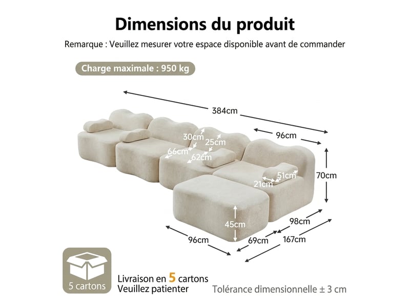 Canapé d'angle en l modulable 4 places - mousse haute densité 32d, velours beige, avec ottomane  - Conforama W