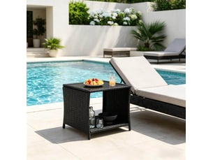 Table d'appoint extérieure carrée 45x45x40 cm – noire – plateau en verre amovible et rangement ouvert