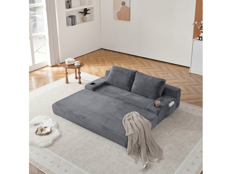  Canapé droit convertible 2 places en velours côtelé gris avec porte-gobelets et rangements latéraux pratiques  - Conforama E