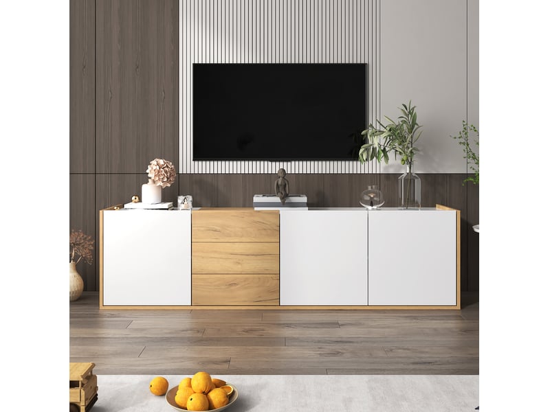 Meuble tv 3 portes, 3 tiroirs, étagères réglables, à poser ou mural, pour salon, blanc et bois, 171,5 × 35 × 47 cm - Conforama B
