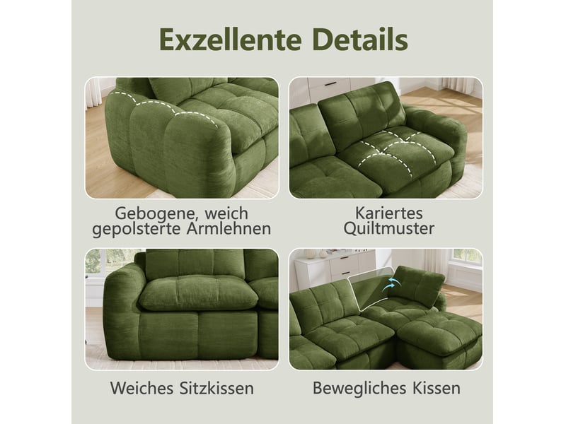  Canapé modulable en u 3 places sans cadre avec 2 poufs, mousse 32d, sans montage, en chenille vert  - Conforama E