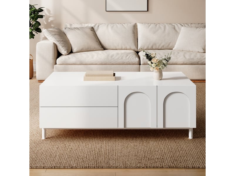  Table basse 100x50x39,5 cm, 2 tiroirs, 2 portes, grand rangement, style scandinave, pieds métal pour salon et séjour - blanc  - Conforama E